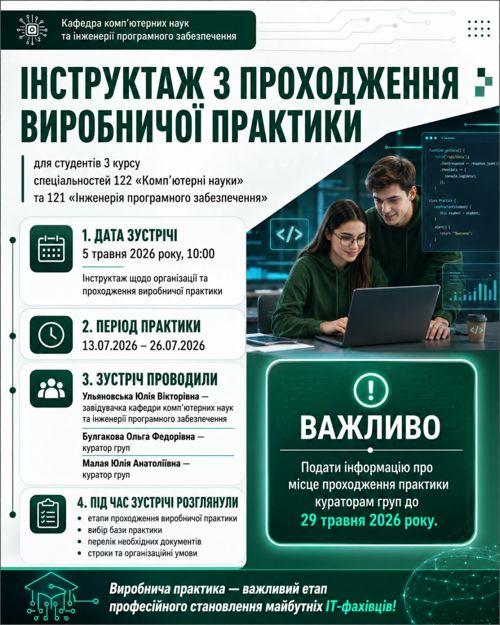 Проведено інструктаж з проходження виробничої практики для студентів спеціальностей 122 «Комп’ютерні науки» та 121 «Інженерія програмного забезпечення»